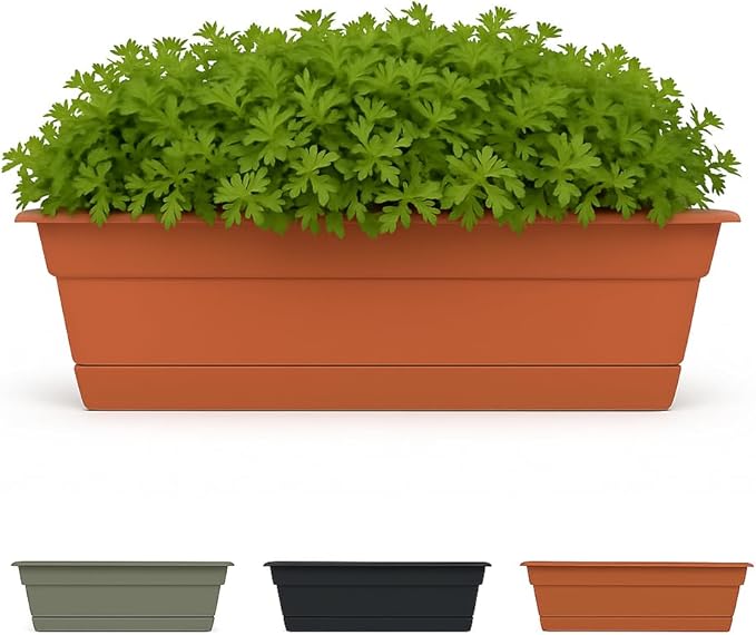 Bloem Dura Cotta Window Box Planter: 24" - Terra Cotta - with Tray, Weatherproof Resin Box, Removable Tray for Indoor & Outdoor Use, Gardening, 3 Gallon Capacity