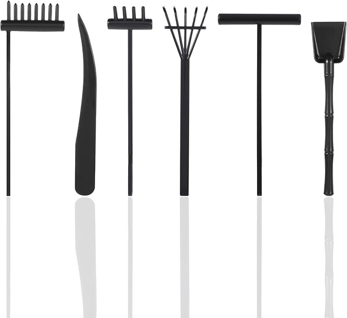LIQWEI 6 Pcs Mini Zen Garden Kit, Zen Garden Rake Tools Black Sand Casting Kit, Sand Meditation Accessories for Home Gardens Office Desk Decor