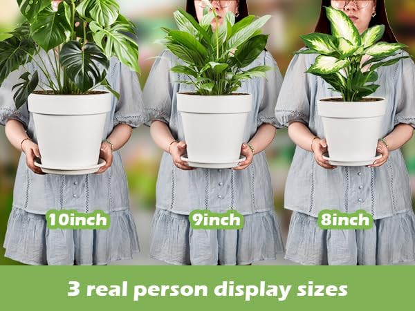 RooTrimmer 3-Pack 8/9/10 Inch Plastic Plant Pots with Saucers – Durable BPA-Free Planters with 21 Drainage Holes, Raised Bottom Breath and Bottom Watering Design for Indoor & Outdoor – White