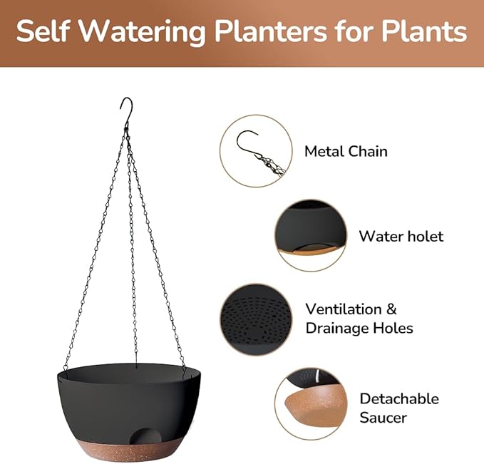 LESOASIS Hanging Planter for Indoor Plants, 10 Inch Self-Watering Hanging Planters with Drainage Holes and Chain, Set of 2 Outdoor Hanging Pots for Garden Home