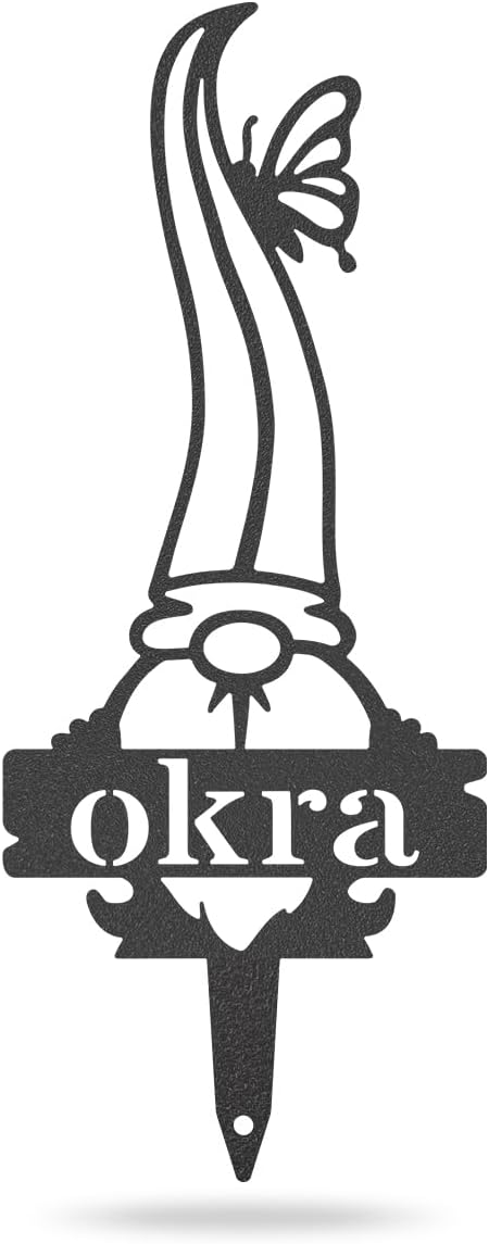 RealSteel Brand, Gnome Plant Markers for Outdoors, Garden Labels Metal Stake, Plant Tags, Garden Sign for Vegetables, Outdoor Decorations, Yard and Gardening Gift - Okra