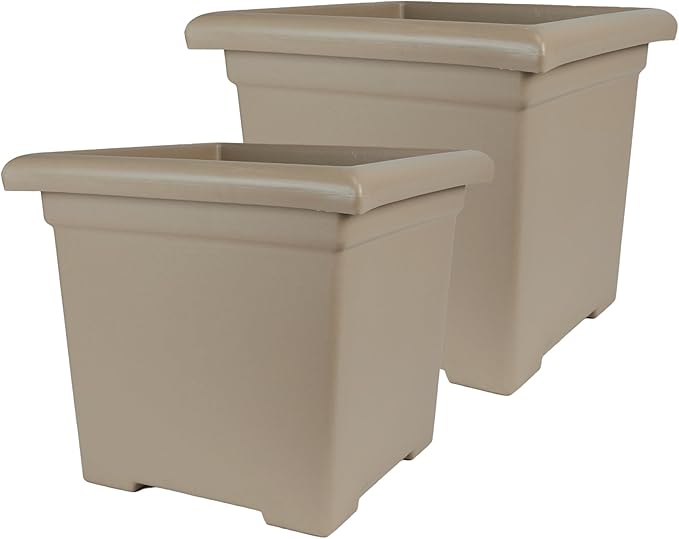 The HC Companies 12.5 Inch Accent Square Plant Pots with Drainage, Lightweight UV-Resistant Plastic Planters for Indoor & Outdoor Plants, 2-Pack Flower Pots for Garden, Office & Home Decor, Sandstone
