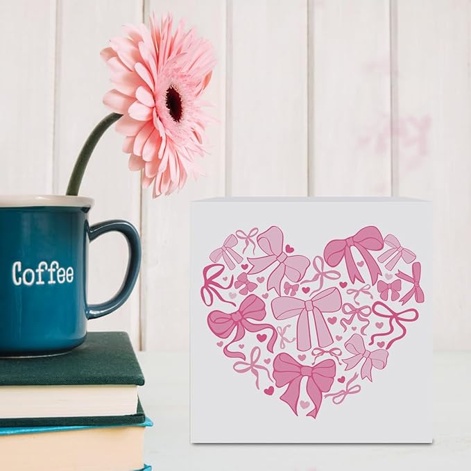Valentines Day Decorations, Valentines Day Gifts for Her Him, Gift for Boyfriend Girlfriend, Romantic Pink Bow Heart Anniversary Wooden Box Sign Husband Wife Home Office Bedroom Desk Decor