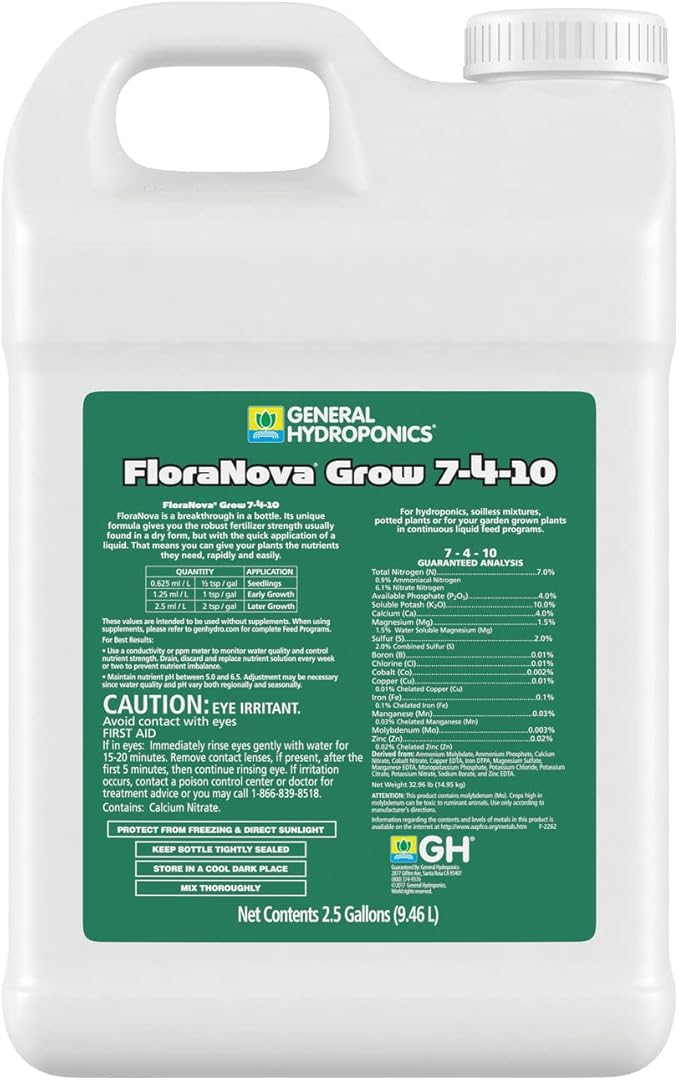 General Hydroponics Flora Nova Grow Fertilizer, 2.5 gal, Natural