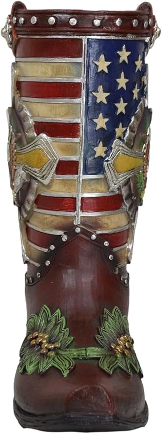 Ebros Gift Rustic Western Country USA American Flag Military Cross Olive Branch Cowboy Boot Decorative Flower Bouquet Vase Or Planter Figurine 9" High Southwestern Centerpiece