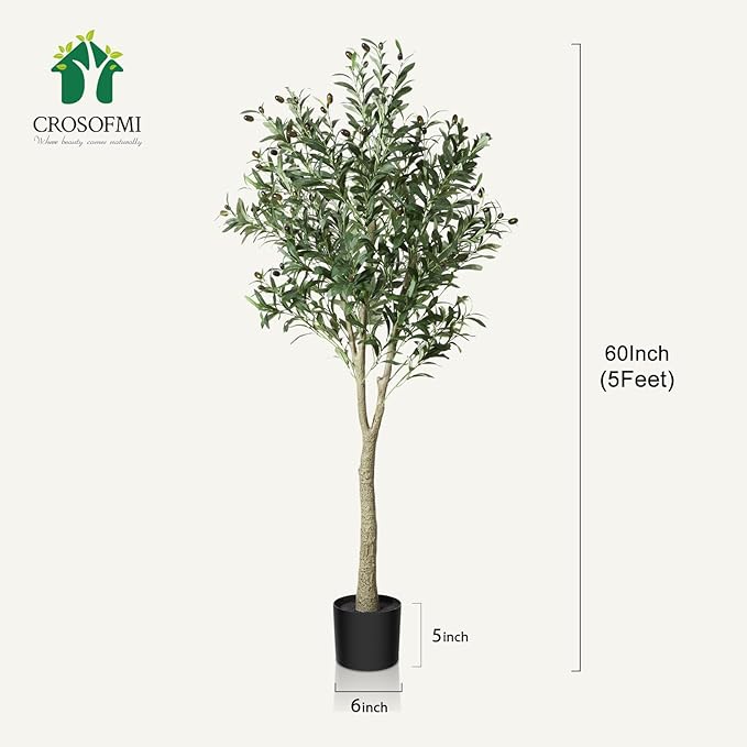 CROSOFMI Artificial Olive Tree Plant 5Ft Fake Topiary Silk Tree, Perfect Faux Plants in Pot for Indoor Outdoor House Home Office Garden Modern Decoration Housewarming Gift,1Pcs