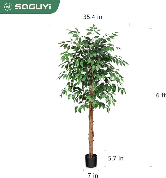 6ft Ficus Artificial Trees with Realistic Leaves and Trunk, Silk Fake Ficus Tree with Plastic Nursery Pot, Faux Ficus Tree for Office Home Farmhouse for Indoor Outdoor Decor(Set of 1)