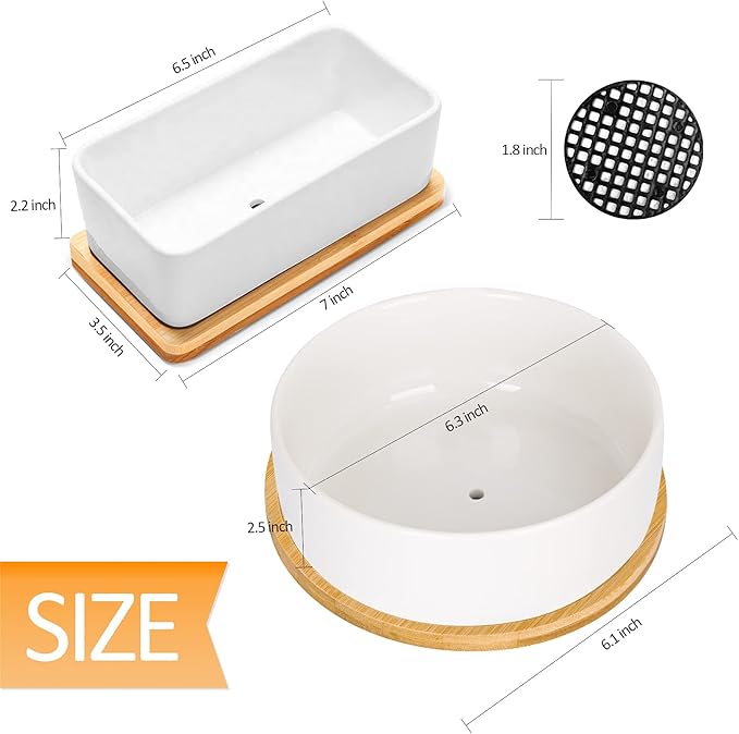 ARVINKEY White Ceramic Succulent Plant Pots, 1 Rectangular Flower Pot + 1 Round Planter, Set of 2 Small Cactus Container, Bonsai Pots, Succulent Pots with Drainage Hole& Bamboo Tray (No Plant)
