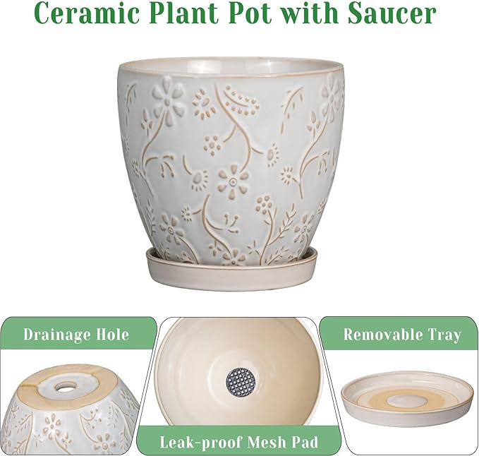 MPotTo 10 Inch Plant Pot Ceramic Planter Pot with Drainage Hole and Saucer Round Planter Large Flower Pot for Indoor Outdoor Plants Home Garden Decor White