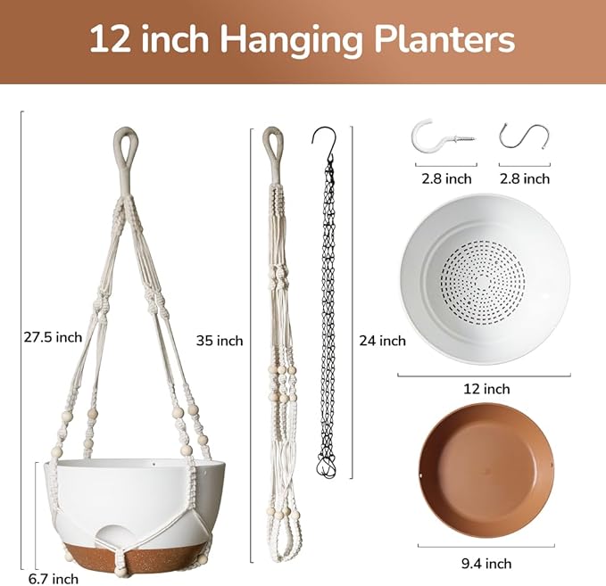 LESOASIS 12 Inch Hanging Baskets for Plants Outdoor, Hanging Planters for Indoor Outdoor Plants, Hanging Planter with Self Watering, Hanging Flower Pots (White Planter with Macrame + Iron Hangers)