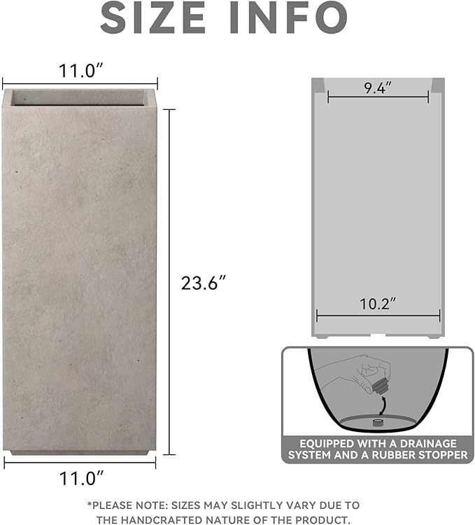 Kante 23.6" H Tall Rectangular Concrete Planter, Modern Square Diameter Plant Pot with Drainage Hole and Rubber Plug for Indoor Outdoor Home Patio Garden, Weathered Concrete