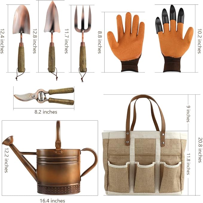 Megawodar 1 Gallon Galvanized Steel Watering Can with 3 Pcs of Garden Tools, 1 Pc of Pruning Shear, 1 Pair of Gardening Gloves，1 Pc of Garden Tools Organizer Tote
