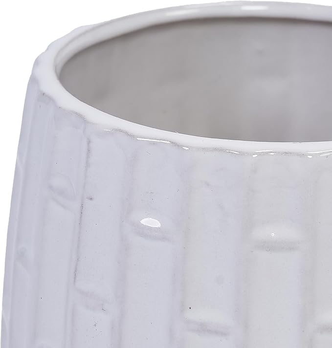 Ceramic Plant Pots, 7 + 5 Inch, Set of 2 Flower Pots with Drain Hole and Saucers, Bamboo Pattern Planter for Plants Orchids Succulents Indoor/Outdoor, Plant Gifts - White