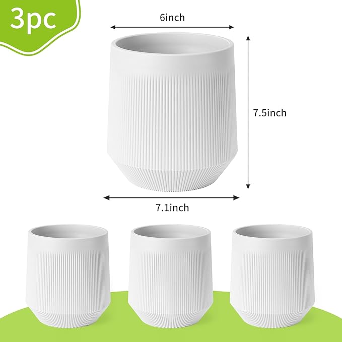 Yaghpy Plant Pots，Set of 3 Plastic Pots for Indoor Plants,Flower Pots Outdoor Planters with Drainage Hole and Seamless Saucer,White
