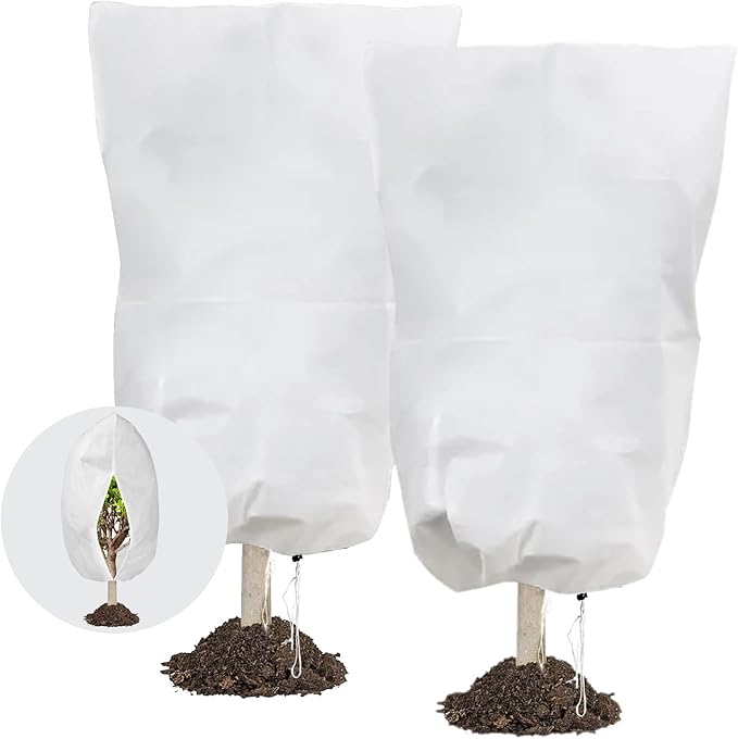 Kijamilee Plant Covers Freeze Protection, 32" x 47" 2.5oz/yd² Reusable Frost Cloth with Drawstring, Winter Plants Jacket Warm Shrubs Cover Blanket Frost Protection for Outdoor Garden Plants, 2 Packs