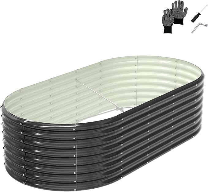 VINGLI 8x4x2ft Galvanized Raised Garden Beds, Oval Planter Boxes Outdoor, Raised Garden Bed for Gardening, Easy Assembly Planter Boxes for Vegetables (Black)