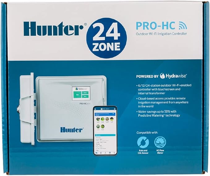 Hunter Hydrawise Pro-HC 24-Station WiFi Smart Sprinkler Controller, Outdoor Irrigation Timer, Weather-Based Watering System, Flow Sensor Ready