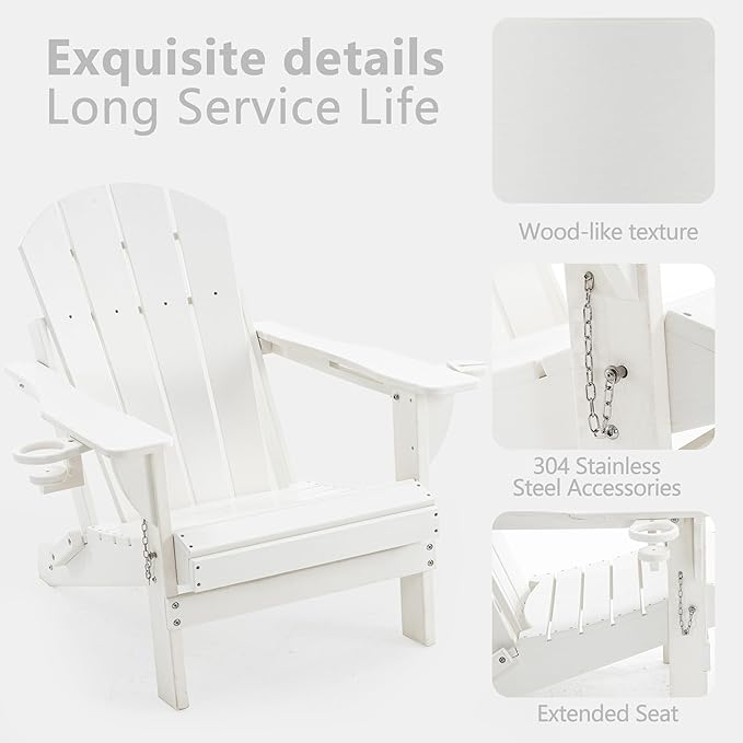 Folding Adirondack Chair Set with Side Table - HDPE Outdoor Patio Chairs, Weatherproof Chair with Reclining Back, Cup & Phone Holder, and 2-Tier Storage End Table for Firepit or Garden (White)