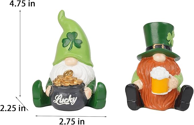 St Patrick's Day Gnome Decorations - 2PC Gnome Figurines with Lucky Shamrocks Beer Cups Pot of Gold Resin Faceless Dolls St. Patricks Day Farmhouse Décor for Home 2.75*2.25*4.75 in Newman House Studio
