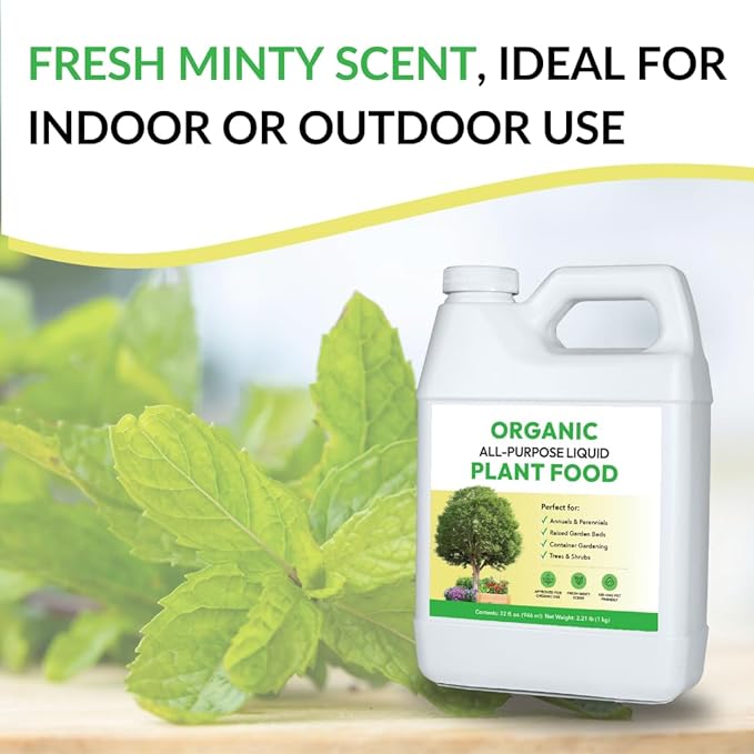 Organic All-Purpose Liquid Plant Food - Use on All Outdoor Plants: Flower Beds, Vegetable Gardens, Container Gardening | Concentrated Liquid Fertilizer Alternative (32oz, Mixes to 32 Gallons)