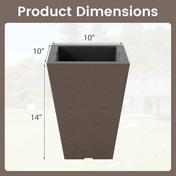 Giantex Square Taper Planter Set of 2, Self-Watering Flower Pots with/Removable Inner Bucket & Drainage Holes, Indoor Outdoor Decorative Plant Container for Porch Balcony (Brown,10"x10"x14")