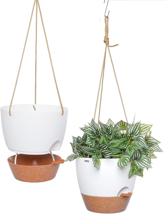 SwinDuck 10 Inch Self Watering Hanging Pots, 2 Pack Hanging Planters with 40oZ Deep Reservior for Indoor Outdoor Plants Flowers, White with Brown