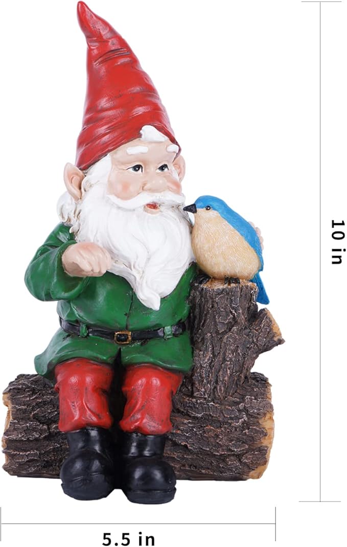Topadorn Garden Gnome Statues with Bird Resin Sculpture Gnome Sitting on The Stump Outdoor Statues for Outdoor Garden Decor