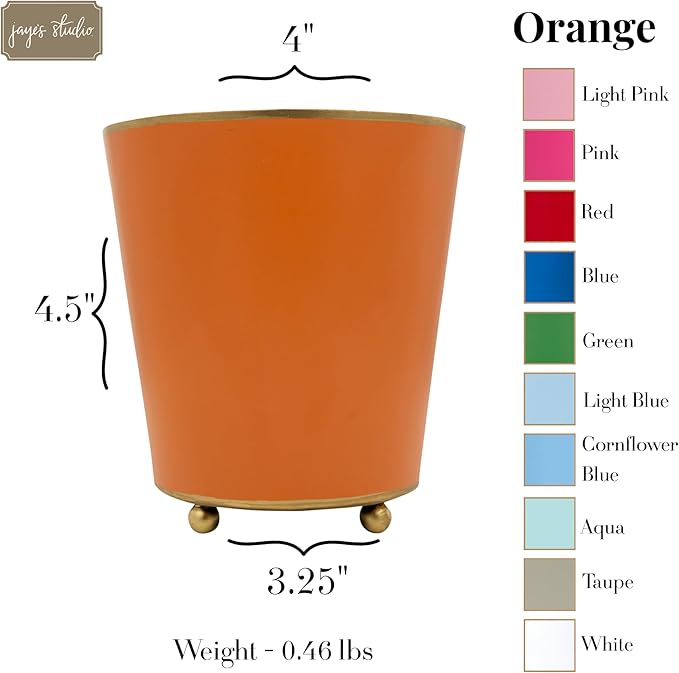 Jaye's Studio Mattie Orange, Decorative Round Cachepot & Planter, Matte Orange, Gold Trim & Finish, Hand-Painted, Handcrafted Metal, Luxury Indoor Planter, Size 4"