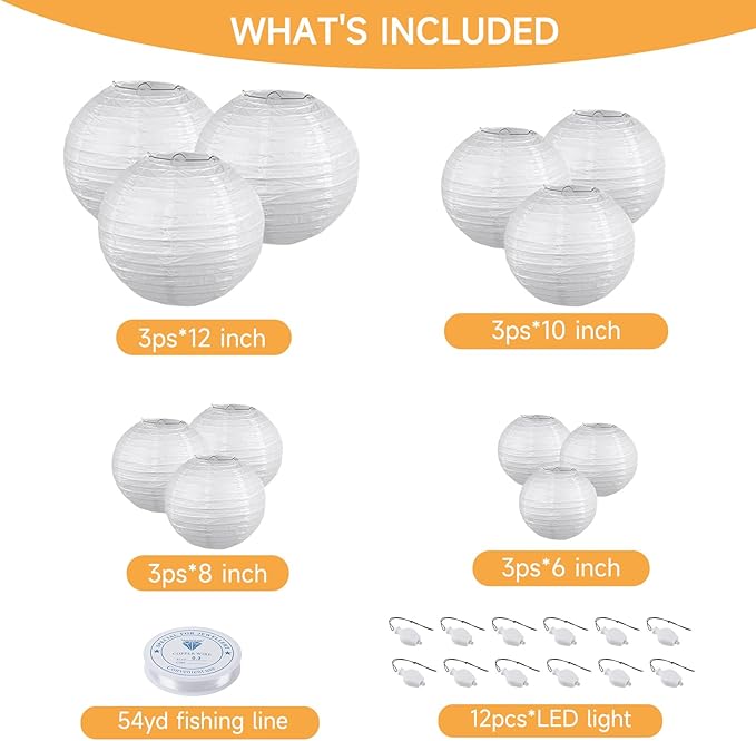 HAUSPROFI Paper Lanterns, 6" 8" 10" 12" Round Paper Lantern with LED Lantern Lights for Indoor and Outdoor Decoration - (Lanterns: 12pcs, Warm White Lights: 12pcs)