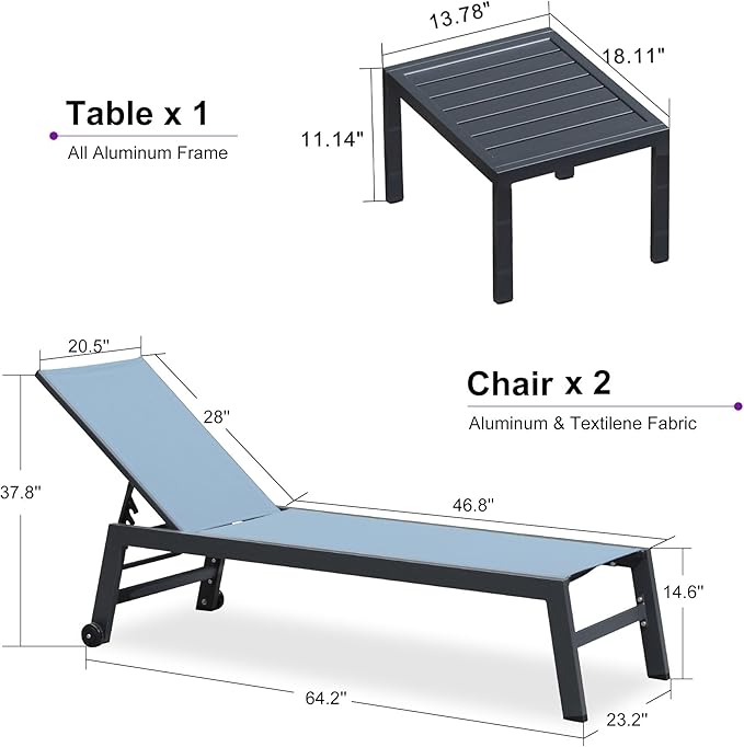 PURPLE LEAF Patio Chaise Lounge Set for 2 Outdoor Chaise Lounge Chair with Aluminum Frame and Wheels Pool Lounge Chairs for Deck Yard Poolside Table Included, Teal