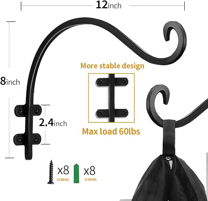 Maosen 12 Inch Plant Hangers Outdoor 2 Pack Black, Heavy Duty Plant Hanging Bracket Hook for Flowers Baskets Planter Pots Bird Feeder Lanterns Wind Chimes Outdoor Indoor