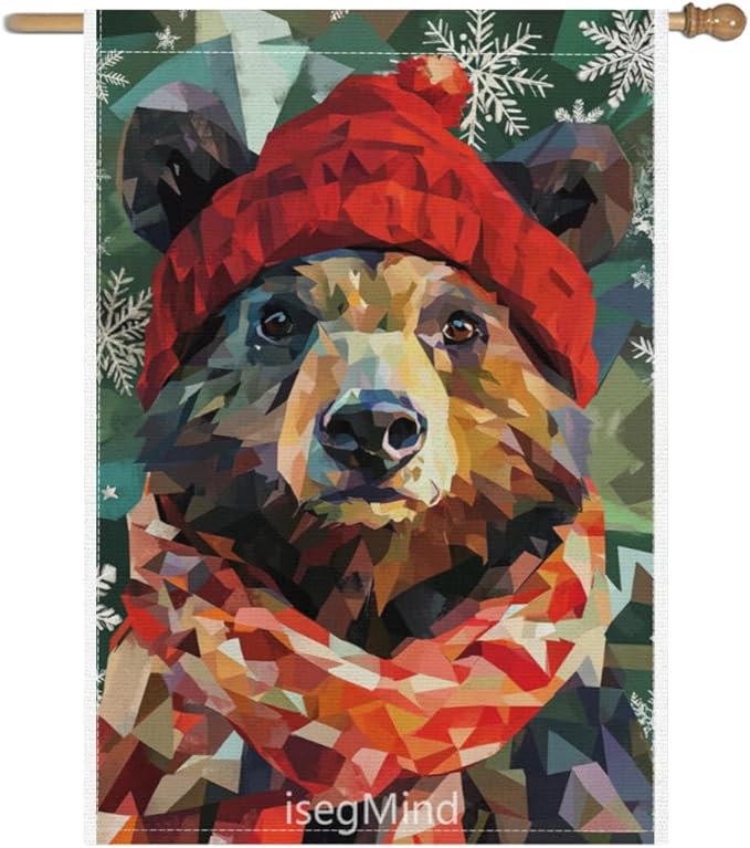 Bear with Red Scarf and Hat Snowflake Christmas Garden Flag, 28x40 Inch Double Sided Linen Holiday Red Winter Farmhouse Yard Outdoor Decoration (4322)