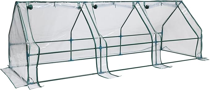 Aoodor 9 x 3 x 3 ft Mini Greenhouse with 3 Zipper Doors, Water-Resistant, UV-Protected for Flowers, Vegetables, and Herbs, Transparent