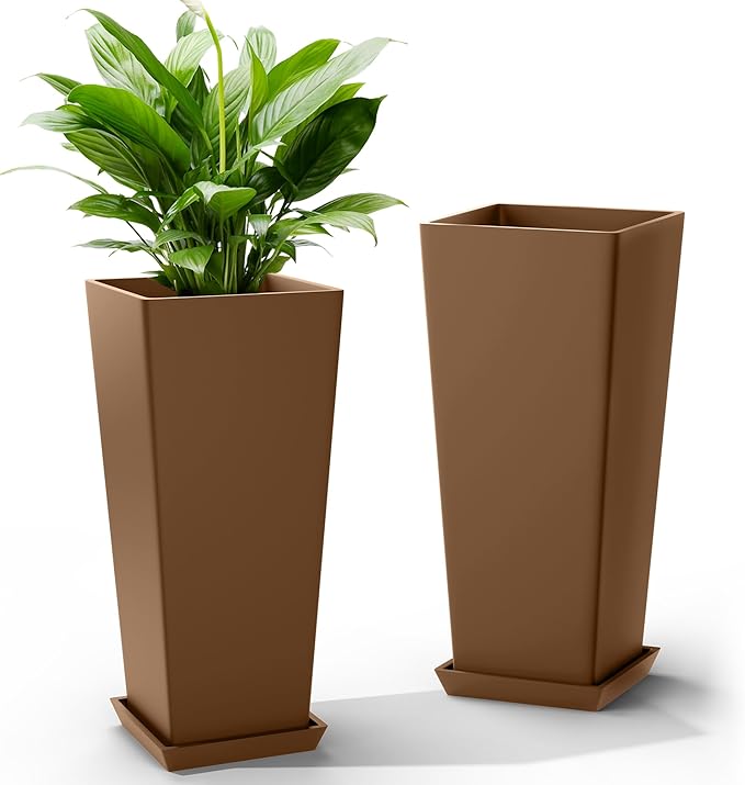 TUYOHW 24 Inch Tall Tapered Square Planters (Set of 2) - Indoor Outdoor Large Flower Pots with Built-in Drainage & Matching Water Tray for Patio, Garden, Home - Brown