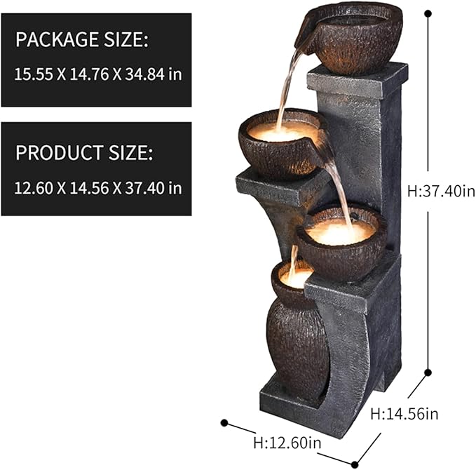 Supmix 37.4”H Water Fountain Outdoor 4- Crocks Modern Garden Fountains LED Lighted Floor Fountain Natural Polyresin Decor for Garden, Patio, Backyard Ard and Home Art DéCor