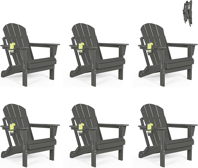 Folding Adirondack Chairs Set of 6 - Plastic Adirondack Chairs with Cup Holder, Weather Resistant for Outdoor, Patio, Lawn, Garden, Backyard Deck, Fire Pit - Dark Gray