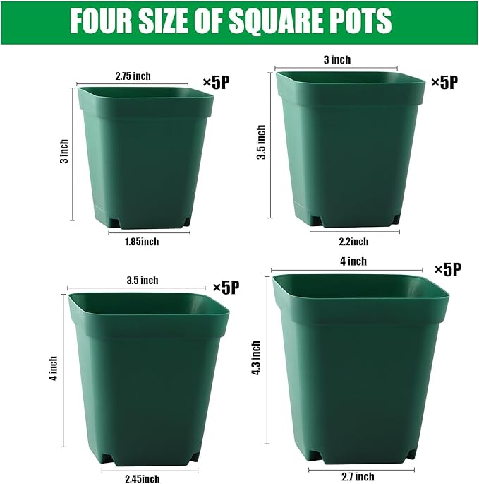 RooTrimmer Square Nursery Pots Clearance (2.7", 3", 3.5", 4") with Drainage Holes 20 Pcs, Plastic Seed Starting Pots, Sturdy and Durable Seedling Pots for Planting, Cuttings and Transplanting, Green
