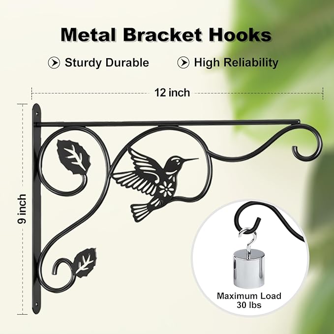 Aftermat 2 Packs Plant Hooks for Hanging, 12 Inch Indoor/Outdoor Metal Wall Black Hangers, Sturdy Plant Bracket for Planters, Wind Chimes, Lanterns, Bird Feeders, Garden, Home, Patio Decor