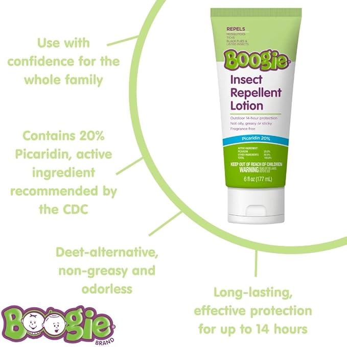 Boogie Insect Repellent Lotion, Keep Mosquitoes, Ticks and Flies Off, DEET Alternative Repellent, Up to 14-Hour Protection, Fragrance-Free, Odorless Lotion, 6 Ounce