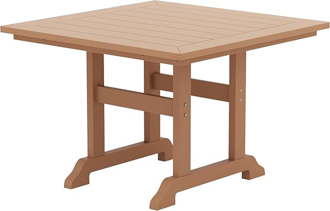 WestinTrends Malibu 5 Piece Adirondack Outdoor Dining Set, All Weather Poly Lumber Patio Table and Chairs Furniture Set, 43" Trestle Square Dining Table and 4 Adirondack Dining Chair, Teak