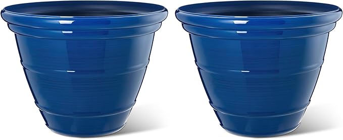 Glitzhome 15.5" D Large Flower Pots, Set of 2 Large Planters for Outdoor Plants with Drainage Holes, Cobalt Blue Faux Ceramic Finish, Plastic Tall Flower Pots for Garden, Patio, Porch or Indoor Use