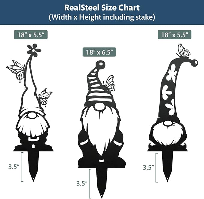 RealSteel Metal Garden Gnomes Set – 3 Pack Steel Lawn Ornaments, Cute & Funny Garden Statues, Weather-Resistant Outdoor Décor, Whimsical Yard Decorations, for Garden Lovers & Home Décor