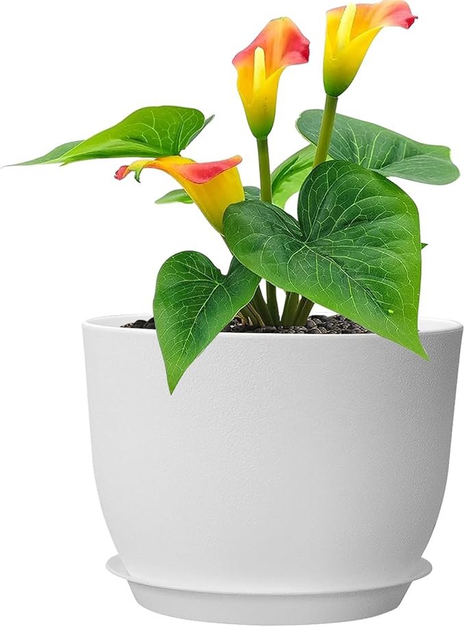 Meowell 12 inch Large Plant Pots, Plastic Planters with Drainage Holes and Saucers, Flower Pots for Indoor Outdoor Plants, Modern Decorative Pots for Garden House Plants, White