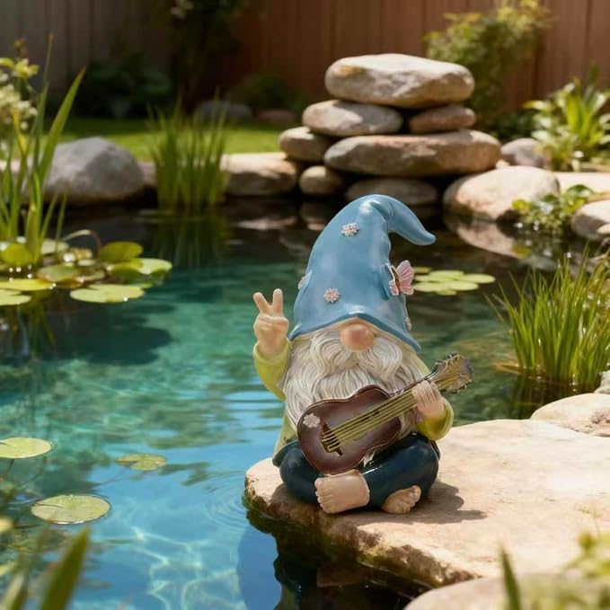 Garden Gnome Decor Statue,Funny Garden Gnomes with Guitar,Decor for House,Lawn,Patio and Porch, Gifts for Friend,Family. (Blue)