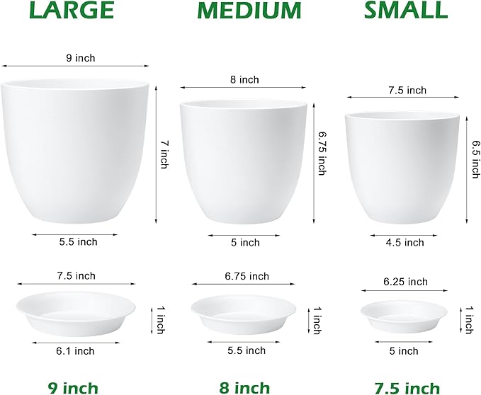 FHWTY Plastic Plant Pots 9/8/7.5 inch Set of 3, Indoor Planters with Drainage Holes and Tray, Thickened Plastic Flowers Pots for Indoor Outdoor Garden Plants and Flowers, White