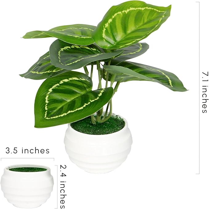3Pcs 7" Small Artificial Plants in Ceramic Pots, Faux Potted Plants Indoor Small Green Leaf Tropical Fake Plant for Home Room Office Table Shelf Desk Decor