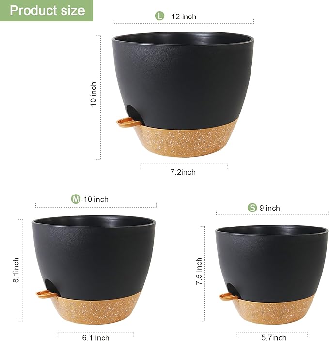 WSMKSZ 12/10/9 inch Large Self Watering Pots, Planter, Plant Pots with Mesh Drainage Holes for Indoor Outdoor Garden Plants, Plastic Flower Pots with Removable Deep Reservoir, Black with Brown