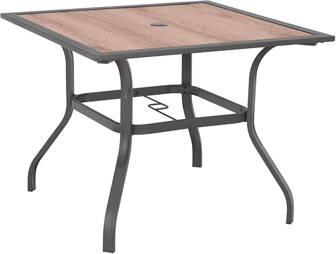 Sophia & William Square Patio Dining Table with 1.57" Umbrella Hole, Outdoor Table with Imitation Wood Tabletop and Brown Metal Steel Frame, for Lawn Garden Backyard, L37 X W37 X H28