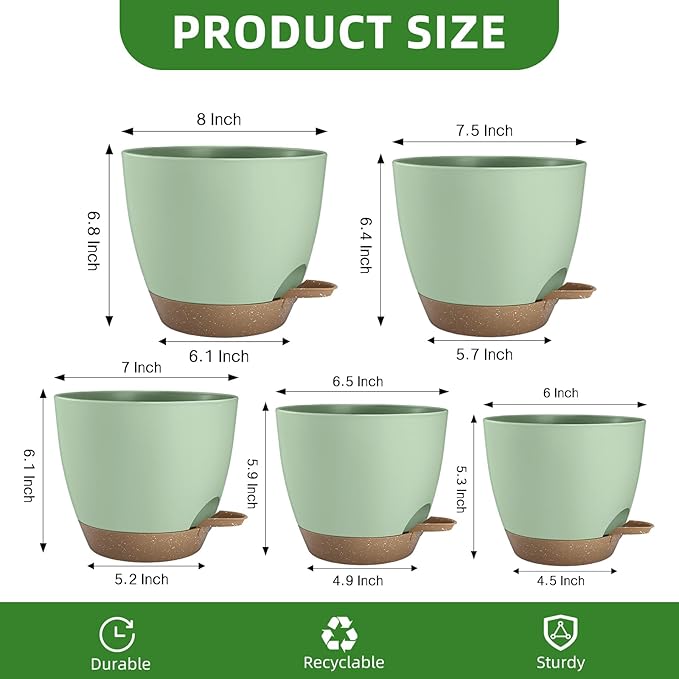 Hylitong Plant Pots 8/7.5/7/6.5/6 Inch Self Watering Pots,5 Pack Planters with Drainage Holes and Saucers,Plastic Flower Pots,Nursery Planters for Indoor Outdoor Plants (Green)