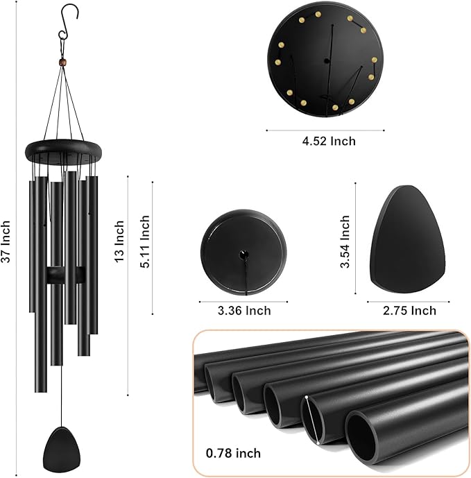 Bursvik Large Aluminium Wind Chimes 37 Inches to Create a Zen Atmosphere Suitable for Outdoor, Garden, Patio Decoration. Classic Wind Chimes with Wind Catcher as a Gift for Unisex(Whole Black)